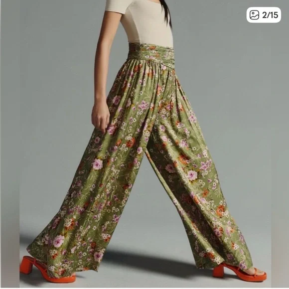 Anthropologie Olive Floral Wide-Leg Pants - Picture 4 of 8